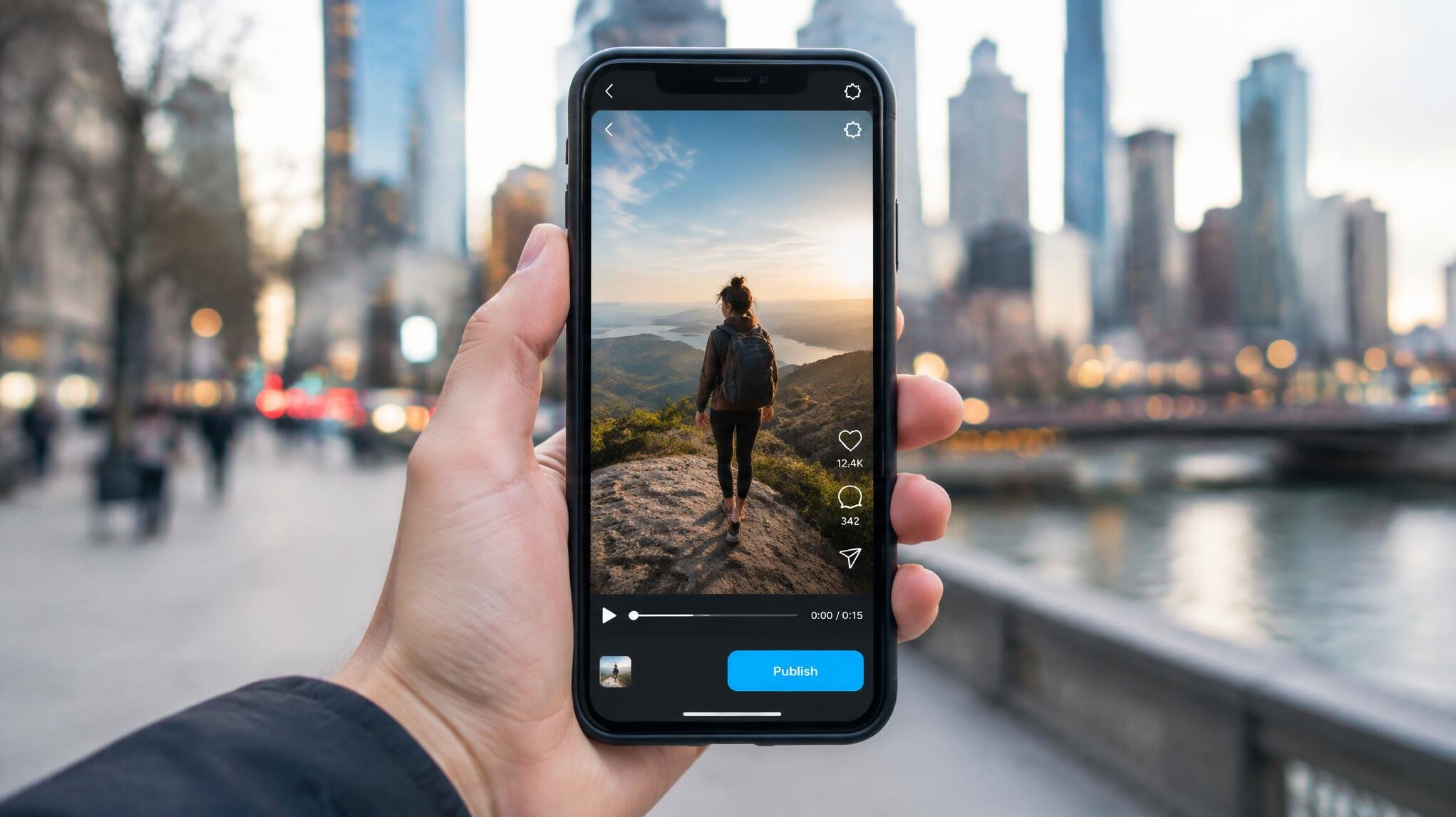 Smartphone showing a vertical video ready to publish