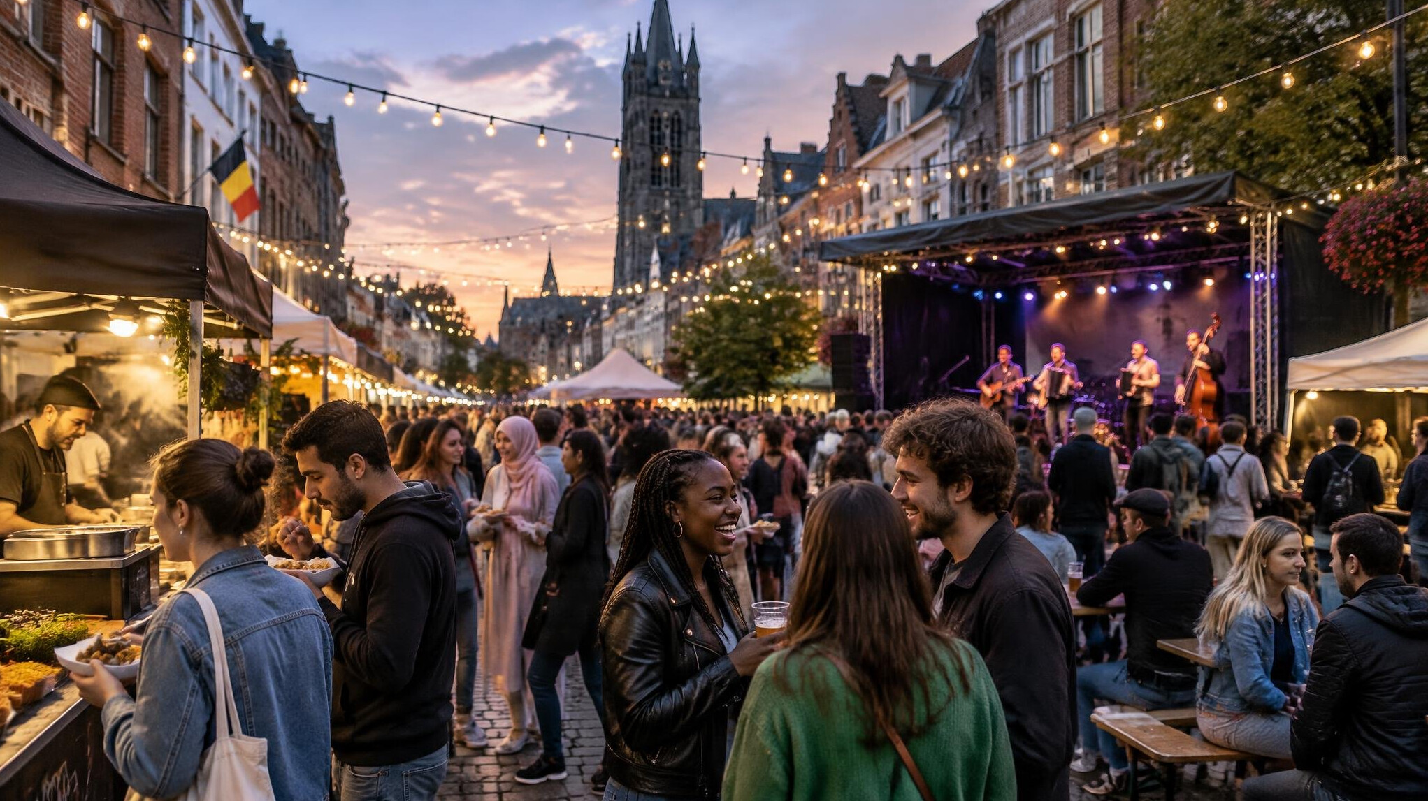 Festival crowd with lights at dusk