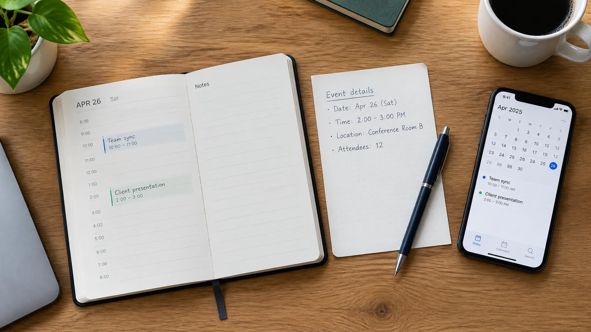 Desk with notes, pen and a planner for checking event details