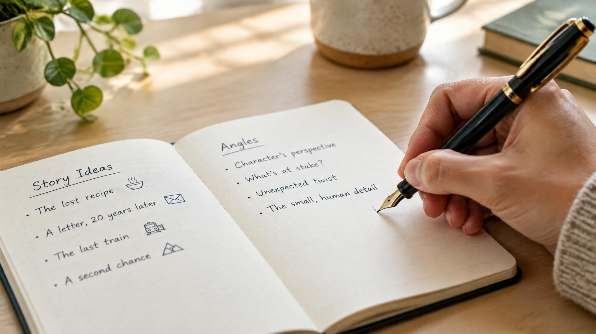 Hand writing ideas in a notebook with a pen