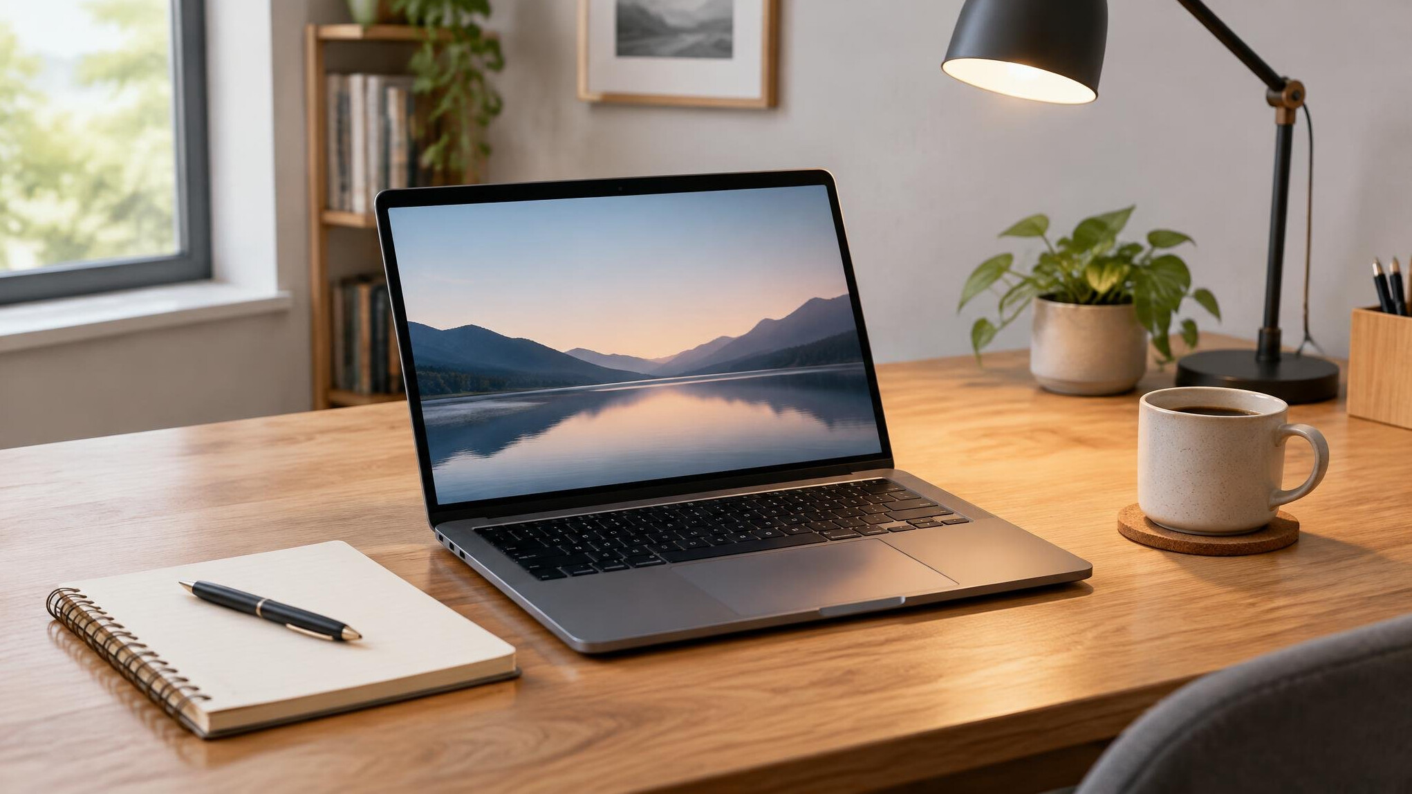 Laptop on a desk with a notebook and lamp